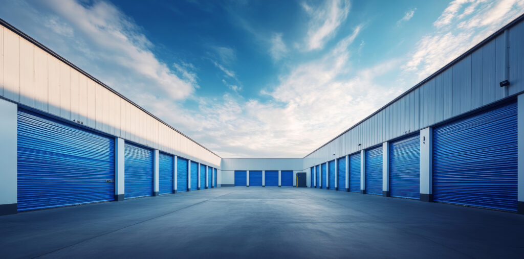 Outdoor self-storage units with blue rolling doors under a clear sky.