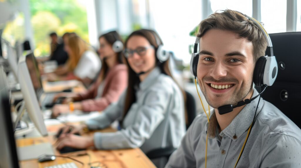 Smiling customer service representatives wearing headsets, working in a bright office environment.