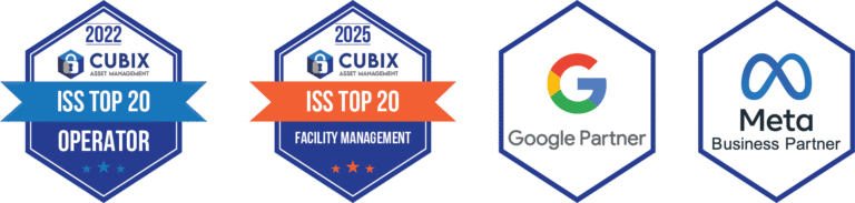 Banner displaying four hexagon-shaped badges highlighting company achievements. From left to right: a blue badge for "2022 ISS Top 20 Operator" awarded to Cubix Asset Management, a blue and orange badge for "2025 ISS Top 20 Facility Management" also awarded to Cubix, followed by a badge showing the Google Partner logo, and another showing the Meta Business Partner logo