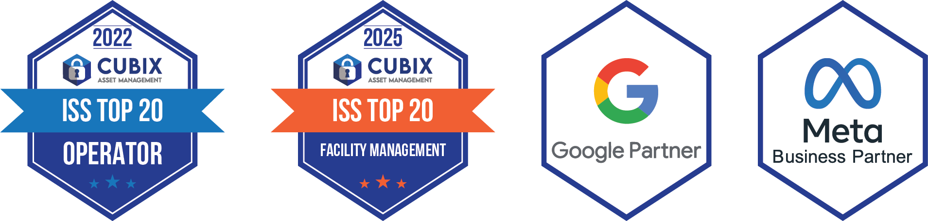 Banner displaying four hexagon-shaped badges highlighting company achievements. From left to right: a blue badge for "2022 ISS Top 20 Operator" awarded to Cubix Asset Management, a blue and orange badge for "2025 ISS Top 20 Facility Management" also awarded to Cubix, followed by a badge showing the Google Partner logo, and another showing the Meta Business Partner logo