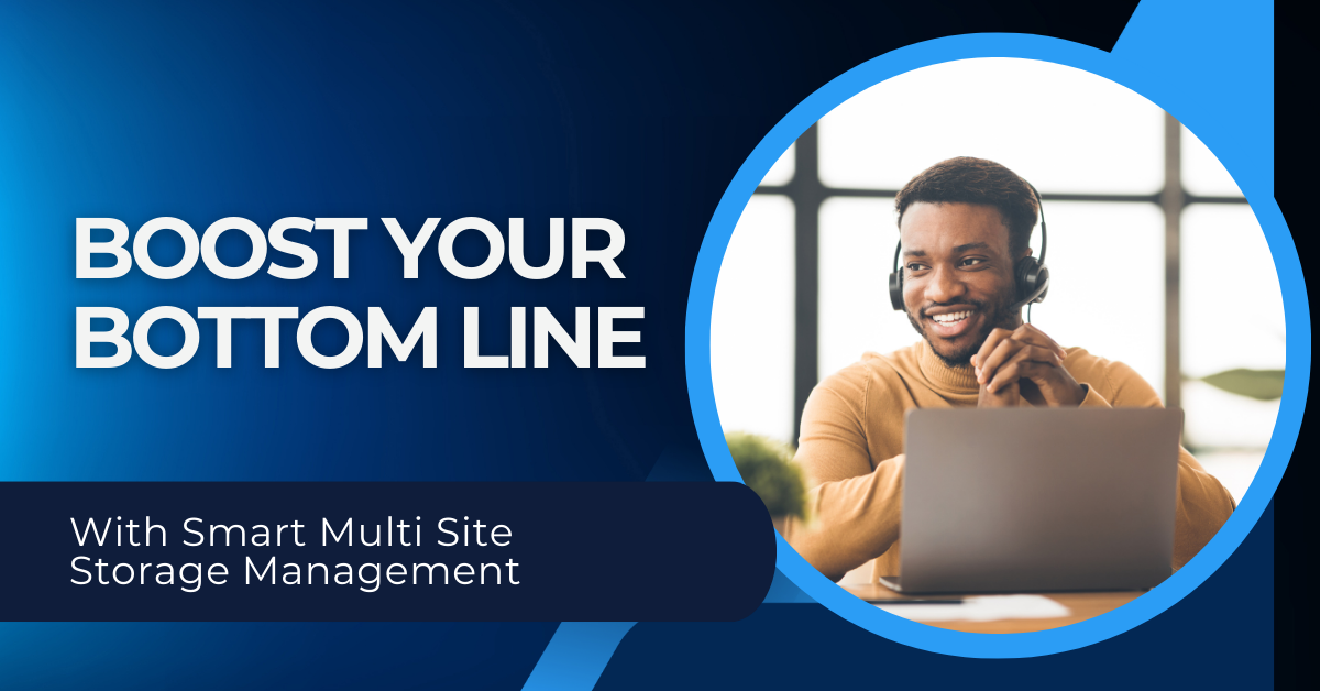 Smiling customer service manager working on a laptop with headset, representing smart multi location storage management to boost business revenue.