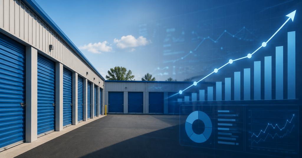Self storage facility with analytics showing how dynamic pricing can improve occupancy, revenue, and NOI.