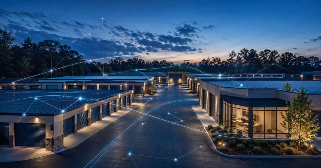 Modern self-storage facility connected by digital pathways representing Cubix’s unified AI-powered platform.