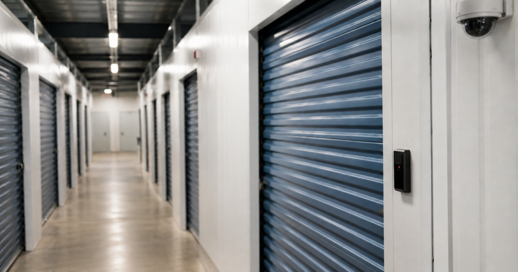 Self-storage remote management technology in a modern facility corridor